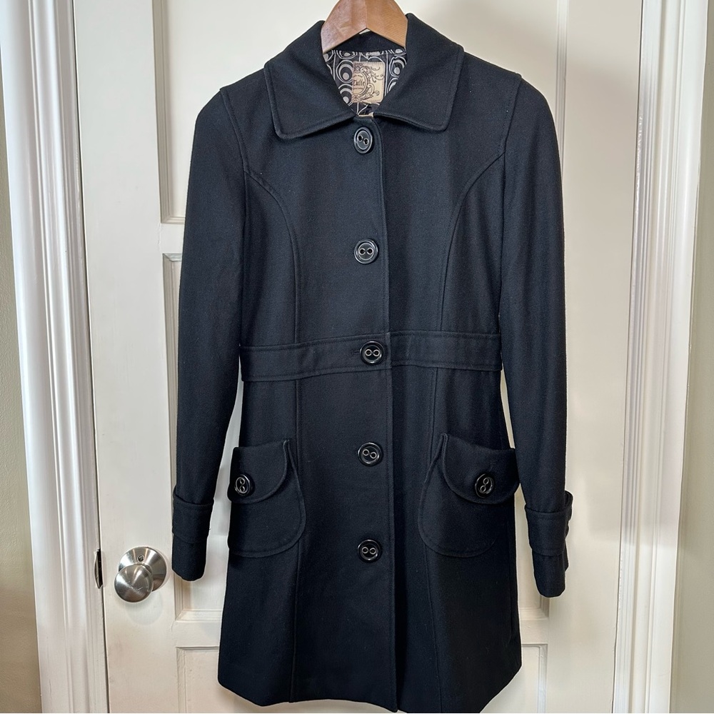 Tulle Wool Blend Button Up Mid Length Coat - Black Size Medium